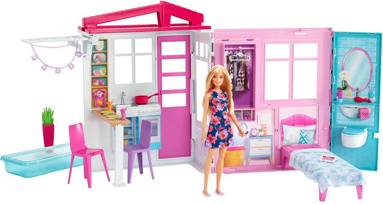 Barbie dockskåp med docka och möbler