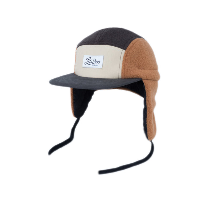 Keps, blockfleece 5-panel med öron - Brun (Storlek L, 4-7 år)