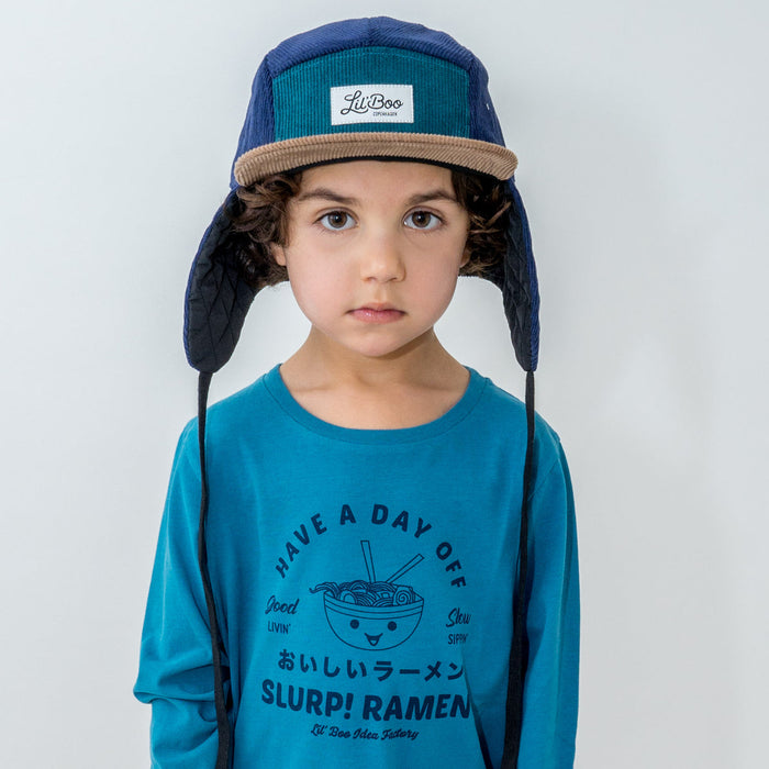 Keps, manchesterblock 5-panel med öron - Grön (Storlek M, 1,5-3 år)