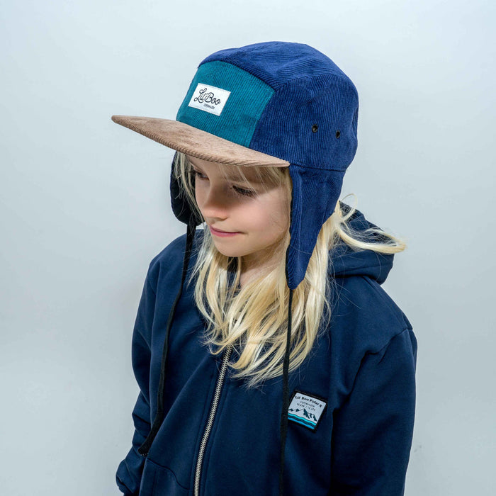 Keps, manchesterblock 5-panel med öron - Grön (Storlek L, 4-7 år)