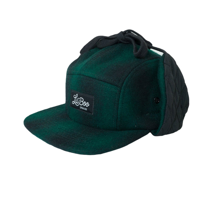 Keps, Ull 5-panel med öron - Grön / Svart (Storlek L, 4-7 år)