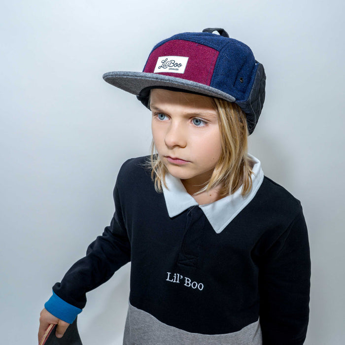 Keps, Ullblock 5-panel med öron - Burgundy / Grå / Marinblå (Storlek M, 1,5-3 år)