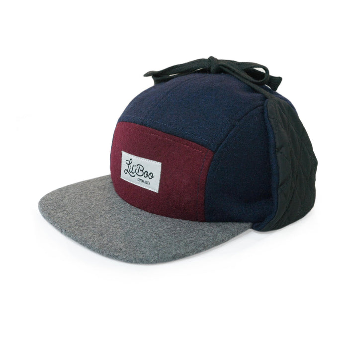 Keps, Ullblock 5-panel med öron - Burgundy / Grå / Marinblå (Storlek XL, 7-14 år)