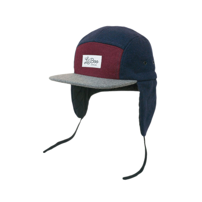 Keps, Ullblock 5-panel med öron - Burgundy / Grå / Marinblå (Storlek XL, 7-14 år)