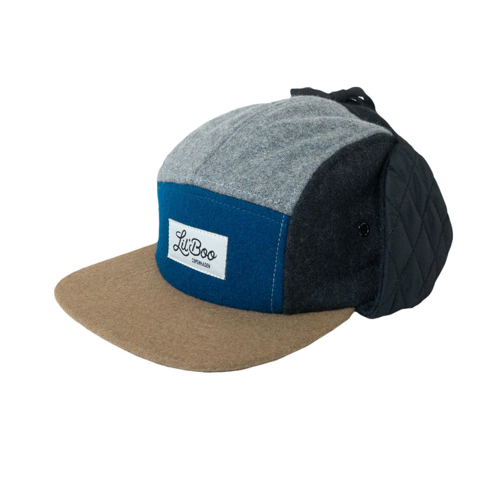 Keps, Ullblock 5-panel med öron - Grå/blå (Storlek M, 1,5-3 år)